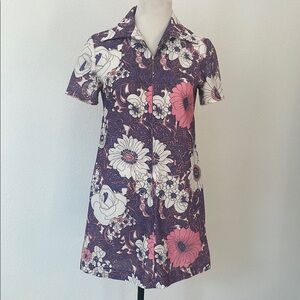 Vintage Handmade Pink and Purple Floral Short Sleeve Mini Dress